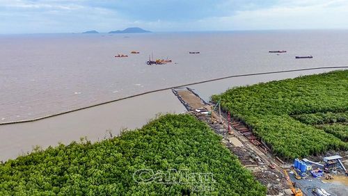 Đơn vị thi công đang bám công trường, nỗ lực đảm bảo tiến độ công trình cầu vượt biển ra đảo Hòn Khoai, một trong những công trình trọng điểm quốc gia đang được triển khai tại Cà Mau.