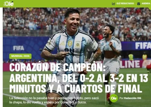 Một tờ báo khác từ Argentina là Ole nhắc nhở thế giới về vị thế của đội bóng quê nhà. Trang này viết: "Tinh thần nhà vô địch: Argentina lội ngược dòng thắng 3-2 chỉ trong 13 phút và tiến vào tứ kết".
