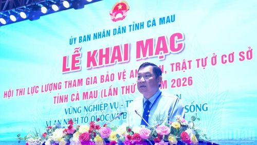 Đồng chí Lâm Văn Bi, Phó Chủ tịch Thường trực Ủy ban nhân dân tỉnh Cà Mau, Trưởng Ban Chỉ đạo Hội thi phát biểu khai mạc.
