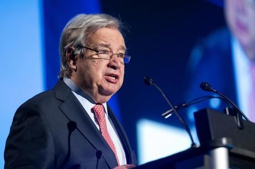 Tổng Thư ký Liên Hợp Quốc António Guterres phát biểu tại hội nghị về AI tại Geneva (Thụy Sĩ) hôm 6/7. Ảnh: ZUMA Press