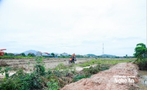 Máy móc san lấp mặt bằng để xây dựng khu tái định cư cao tốc Vinh - Thanh Thủy trên địa bàn xã Nam Đàn. Ảnh: Thành Duy