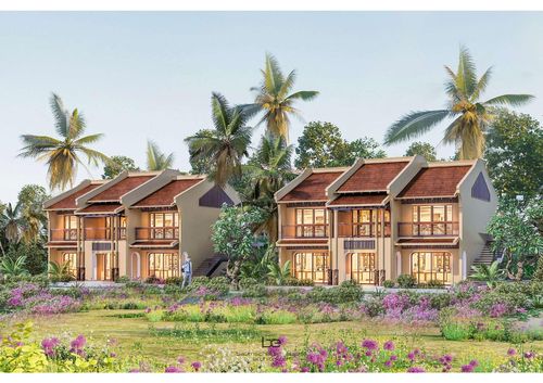 Đình An Hải trên đảo Lý Sơn (ảnh trái) và phối cảnh khu biệt thự nghỉ dưỡng Crystal Holidays Heritage Lý Sơn. Ảnh: Hoàng Anh và Baumschlager Eberle/