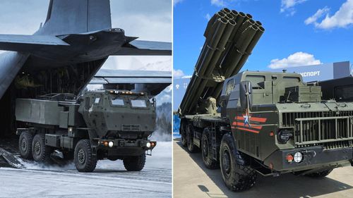 Hệ thống pháo phản lực Mỹ HIMARS (trái) và Tornado-S của Nga. Ảnh: Lockheed Martin/Wikimedia Commons