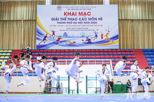  Biểu diễn võ thuật tại Giải thể thao các môn hè TP Hà Nội năm 2026. Ảnh: BÙI LƯỢNG