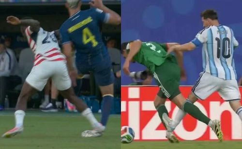 Messi thoát thẻ đỏ dù pha phạm lỗi tương tự tiền đạo Folarin Balogun (trái). Tuy nhiên, tuyển thủ Mỹ lĩnh thẻ đỏ trực tiếp còn thủ quân Argentina không nhận bất cứ án phạt nào. Ảnh: Getty.