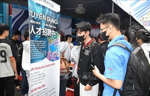 Sinh viên, người lao động tìm việc tại ngày hội tuyển dụng việc làm.