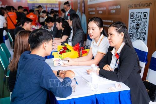 Sinh viên, người lao động tìm việc tại ngày hội tuyển dụng việc làm.