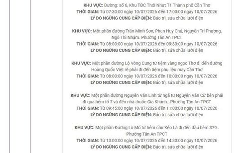Lịch ngừng cấp điện tại Cần Thơ ngày mai 10/7 được cập nhật ngày 9/7 tại website của EVNSPC. Ảnh: BNEWS phát