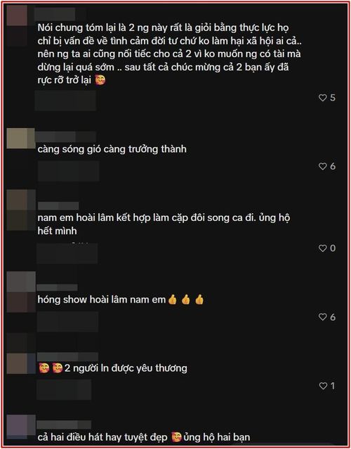 Sau tất cả, khán giả chúc mừng cho hạnh phúc của Nam Em và Hoài Lâm khi vẫn được đón nhận trên các sân khấu ca nhạc.