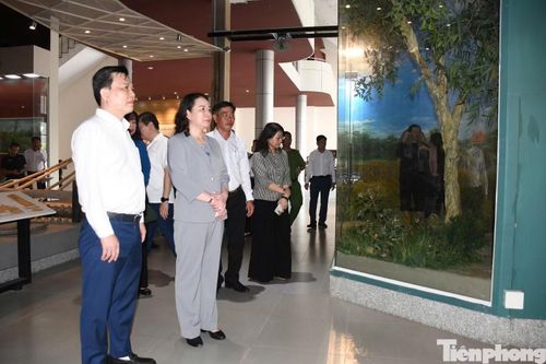 Đoàn công tác nghe giới thiệu về lịch sử hình thành và những giá trị cách mạng của Khu di tích lịch sử cách mạng Bình Thành. (Ảnh: Quang Vinh)