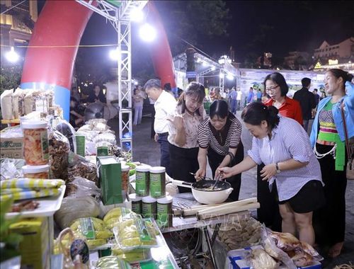 Du khách tham quan, tìm hiểu các sản phẩm nông sản đặc trưng và sản phẩm OCOP tại Tuần lễ trưng bày, giới thiệu và kết nối tiêu thụ nông sản tỉnh Phú Thọ, đợt 2 năm 2026, tổ chức tại Quảng trường Trung tâm Khu du lịch quốc gia Tam Đảo. Ảnh: Hoàng Hùng/TTXVN