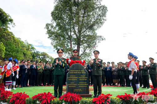 Hai đồng chí Phó thủ tướng, Bộ trưởng Bộ Quốc phòng trồng cây hữu nghị tại khu vực khuôn viên Cột mốc 460 phía Lào. 