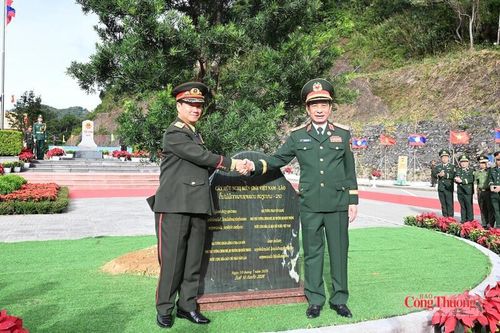 Phó Thủ tướng, Bộ trưởng Bộ Quốc phòng 2 nước trồng cây lưu niệm tại Cửa khẩu Thanh Thủy. Ảnh: Nguyên Khánh