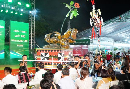 Người đồng bào dân tộc thiểu số thực hiện nghi thức rước Quốc bảo sâm Ngọc Linh tại chương trình. Ảnh: VINH ANH