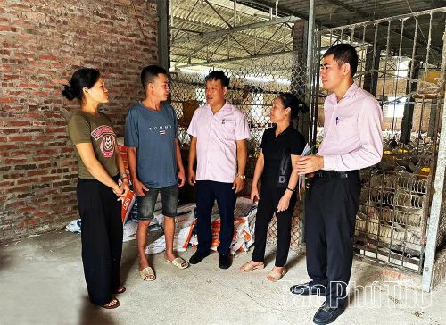 Lãnh đạo Phòng Giao dịch Ngân hàng Chính sách xã hội Vĩnh Tường kiểm tra việc sử dụng nguồn vốn tín dụng chính sách tại hộ vay.