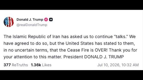 Trên mạng xã hội Truth Social, Tổng thống Trump đồng ý nối lại đàm phán với Iran nhưng tuyên bố thỏa thuận ngừng bắn đã kết thúc. Ảnh chụp màn hình