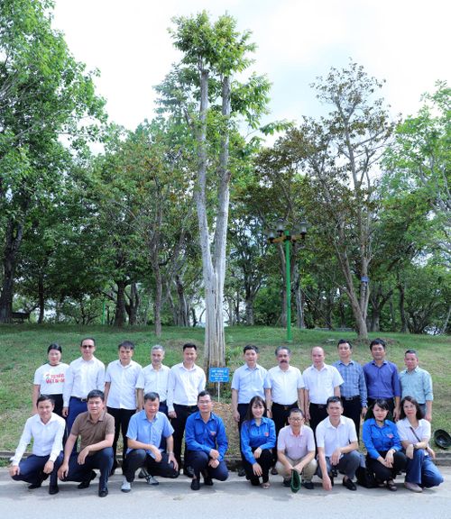 Đoàn Báo Công lý chụp ảnh lưu niệm bên cây Săng Lẻ trong khuôn viên Khu di tích lịch sử quốc gia Truông Bồn.