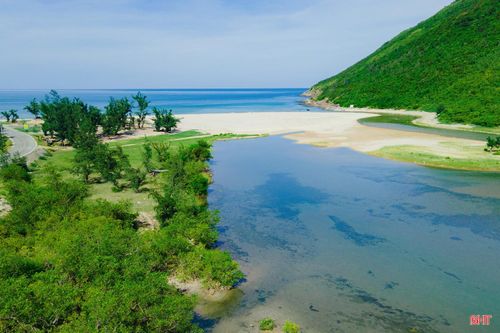 Nước trong xanh, bãi cát trải dài, phía xa là núi Hoành Sơn sừng sững vươn mình ra biển, tạo nên bức tranh thiên nhiên vừa hùng vĩ, vừa nên thơ.