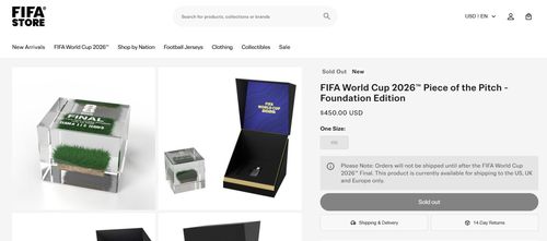 Cửa hàng chính thức của FIFA đã mở bán các mảnh cỏ từ sân tổ chức trận chung kết World Cup 2026, với giá thấp nhất là 450 USD. Ảnh chụp màn hình: FIFA Store