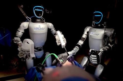 Hai robot thực hiện ca phẫu thuật túi mật trên lợn. Ảnh: SCMP.