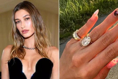 Hailey Bieber đeo chiếc nhẫn đính hôn với viên kim cương oval khổng lồ. Ảnh: Hailey Bieber/Instagram.