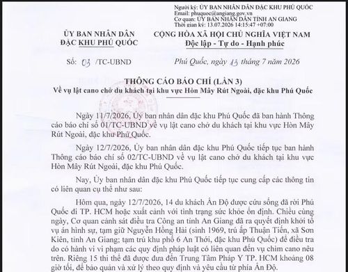 Thông cáo báo chí (lần 3) của UBND đặc khu Phú Quốc.