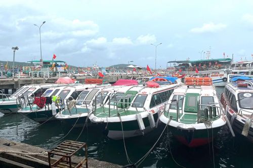 Nhiều ca nô du lịch neo đậu tại Cảng quốc tế An Thới sau khi nhiều doanh nghiệp tạm dừng khai thác tour ra đảo để rà soát công tác bảo đảm an toàn.