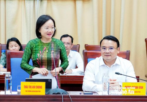 Phó trưởng đoàn chuyên trách đoàn ĐBQH tỉnh Thái Thị An Chung phát biểu tại buổi làm việc. Ảnh: Phạm Bằng