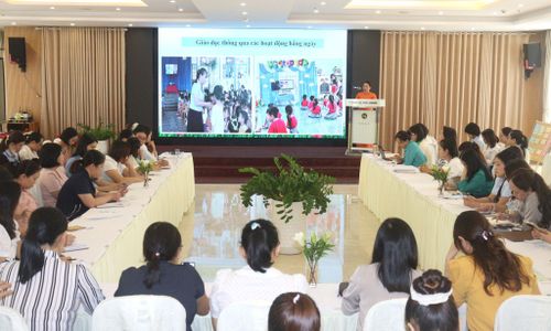 Các trường tham gia mô hình trường mầm non không rác thải nhựa chia sẻ kinh nghiệm thực hiện các biện pháp để nhân rộng mô hình hiệu quả. Ảnh: HOÀNG HIỆP