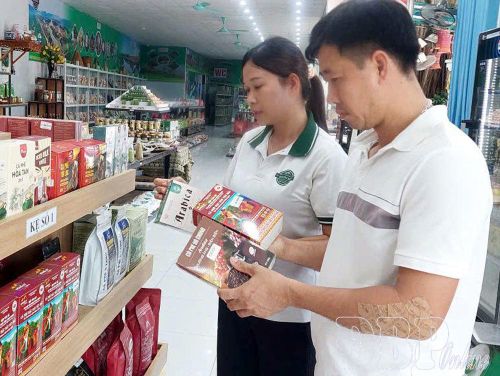 Nhiều doanh nghiệp, hợp tác xã tỉnh Điện Biên đầu tư dây chuyền công nghệ chế biến sâu đối với sản phẩm cà phê.Trong ảnh: Nhân viên Hợp tác xã Quà Điện Biên giới thiệu sản phẩm cà phê của Điện Biên tới du khách.