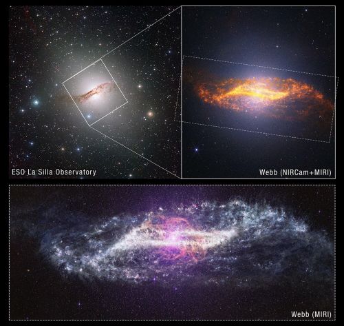An image showing the Centaurus A galaxy using different instruments.