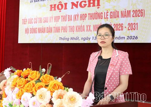 Phó Bí thư Tỉnh ủy, Chủ tịch Ủy ban MTTQ Việt Nam tỉnh Bùi Thị Minh phát biểu tại buổi tiếp xúc cử tri. 