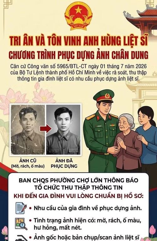 Thân nhân liệt sĩ, gia đình chính sách có nhu cầu phục dựng ảnh liên hệ Ban Chỉ huy Quân sự xã, phường, đặc khu nơi cư trú để được hướng dẫn đăng ký và cung cấp hình ảnh.