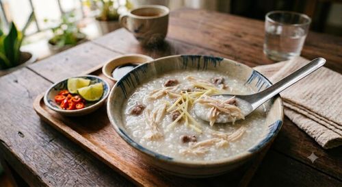 Cháo thịt gà giúp phục hồi thể lực, thích hợp với người mới ốm dậy hoặc suy nhược.