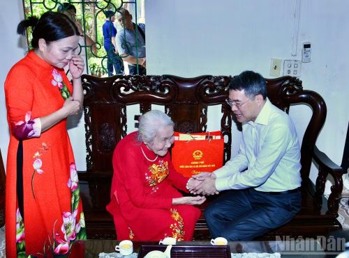 Thủ tướng Lê Minh Hưng ân cần thăm hỏi, tặng quà động viên bà Trần Thị Vinh. (Ảnh: THANH GIANG)