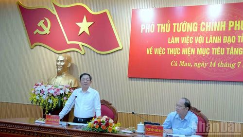 Phó Thủ tướng Hồ Quốc Dũng (bên trái) phát biểu chỉ đạo làm việc với lãnh đạo tỉnh Cà Mau vào chiều 14/7.