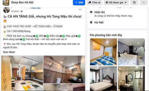 Các bài đăng quảng cáo "sleep box" với mức giá rẻ xuất hiện trên nhiều hội nhóm tìm phòng trọ tại Hà Nội.