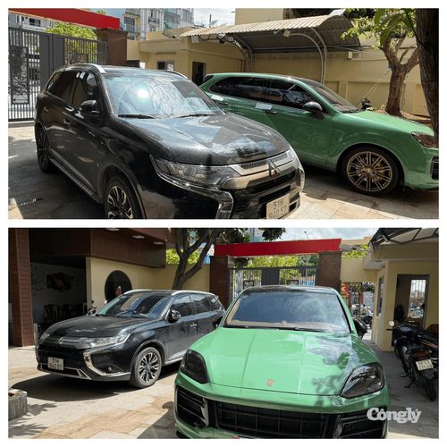 Xe Porsche và Mitsubishi tại cơ quan Công an.