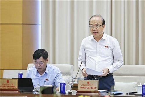 Chủ nhiệm Ủy ban Pháp luật và Tư pháp của Quốc hội Phan Chí Hiếu trình bày tóm tắt báo cáo thẩm tra sơ bộ, đề xuất các vấn đề cần Quốc hội tập trung thảo luận. Ảnh: Doãn Tấn/TTXVN