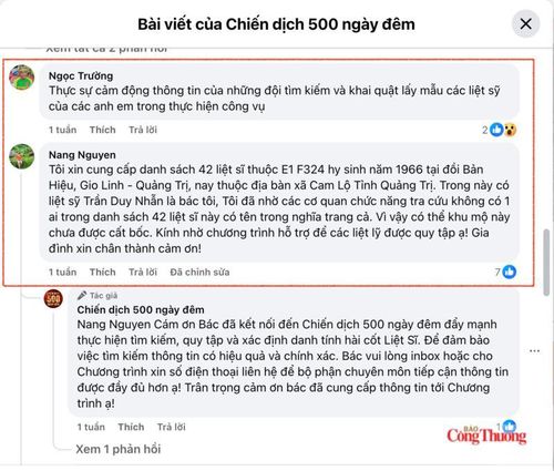 Nhiều bình luận và chia sẻ của thân nhân liệt sĩ và đồng bào cả nước. Ảnh chụp màn hình.