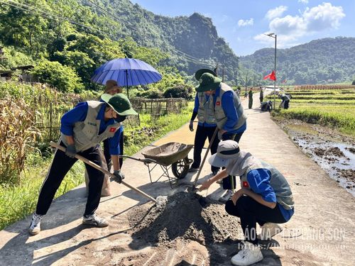 Các tình nguyện viên trộn vữa xây dựng chân cột đèn năng lượng tại thôn Đoàn Kết