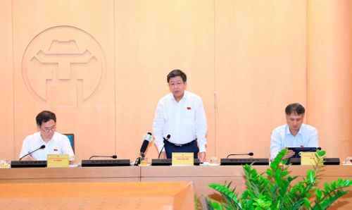 Ủy viên Ban Thường vụ Thành ủy, Phó Chủ tịch Thường trực UBND thành phố Hà Nội Dương Đức Tuấn trao đổi tại phiên thảo luận. Ảnh: Thành Thái