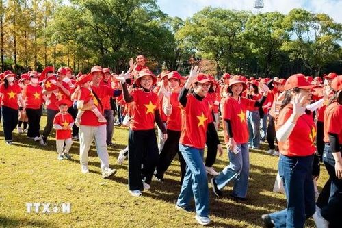 Những kiều bào đang sinh sống, học tập và làm việc tại Kyushu-Okinawa, Nhật Bản. Ảnh: Xuân Giao/TTXVN.