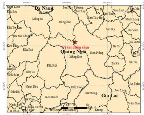 Vị trí chấn tâm trận động đất tại xã Kon Plông, tỉnh Quảng Ngãi. Ảnh: igp-vast.vn