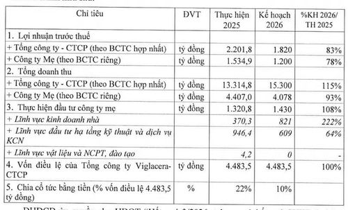 Kế hoạch kinh doanh 2026 của Viglacera. Nguồn: Nghị quyết ĐHĐCĐ thường niên.