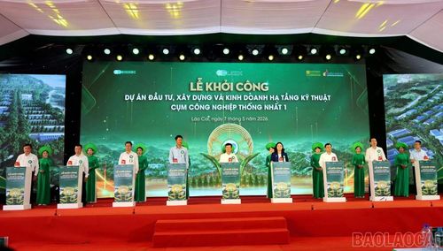 Các đại biểu nhấn nút khởi công Dự án đầu tư, xây dựng và kinh doanh hạ tầng kỹ thuật cụm công nghiệp Thống Nhất 1.