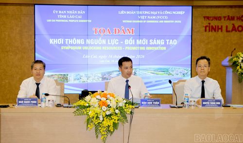Phó Chủ tịch Thường trực UBND tỉnh Ngô Hạnh Phúc; Phó Chủ tịch UBND tỉnh Nguyễn Thành Sinh và Phó Tổng Thư ký VCCI Đậu Anh Tuấn điều hành phiên thảo luận.