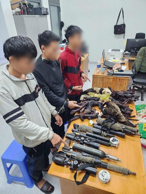 Các đối tượng cùng tang vật trong vụ săn bắt trái phép động vật hoang dã bị lực lượng Công an phát hiện, bắt giữ tại xã Đam Rông 4 vào ngày 2/7
