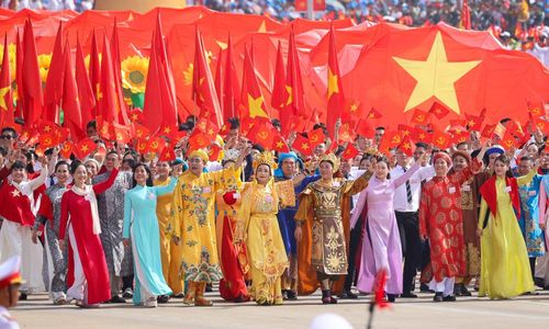 Khối diễu hành Ngành Văn hóa - Thể thao tại Lễ kỷ niệm, diễu binh, diễu hành 80 năm Cách mạng tháng Tám thành công và Quốc khánh 2/9. (Ảnh: VGP)