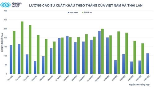 Lượng cao su xuất khẩu theo tháng của Việt Nam và Thái Lan. Nguồn: MXV